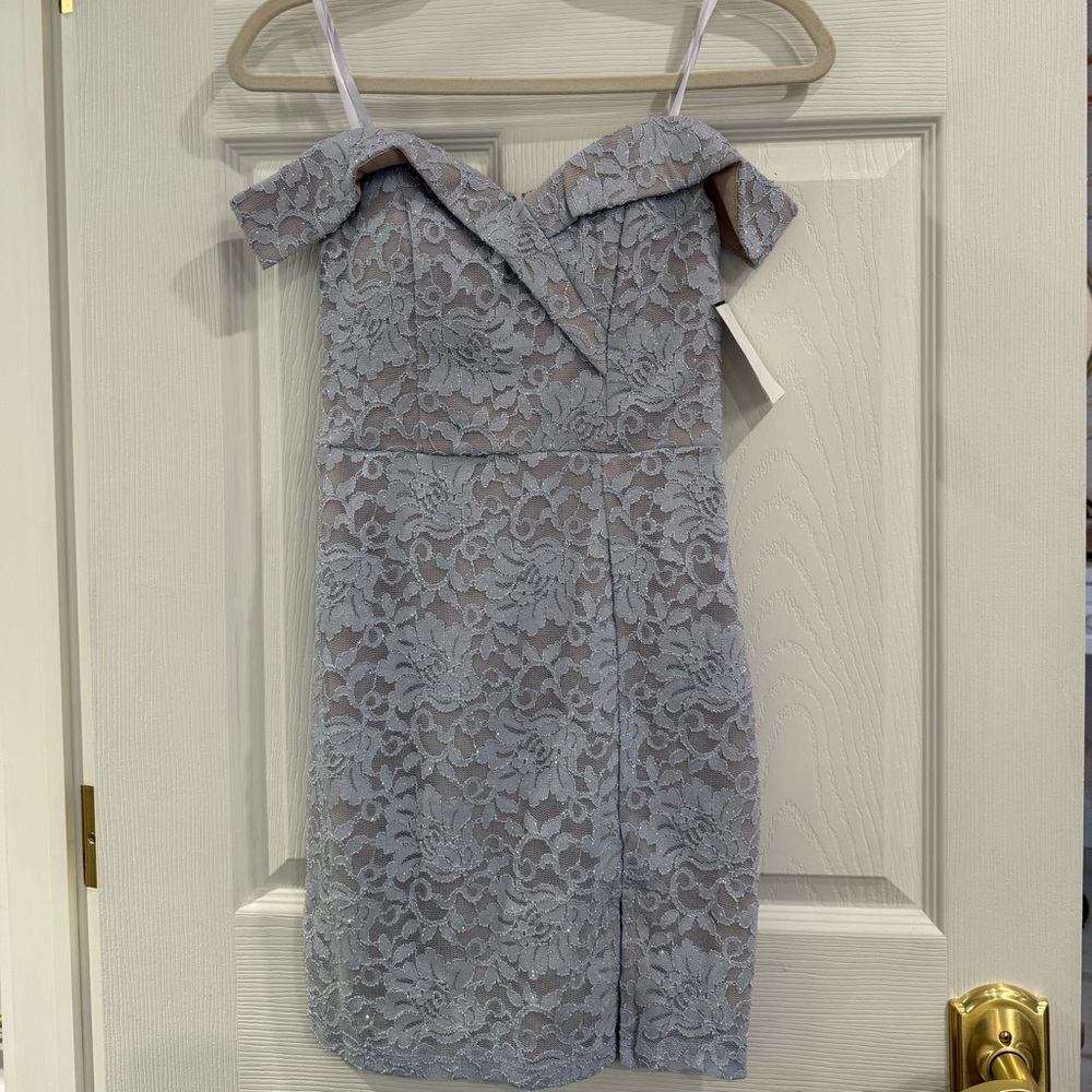 Camille La Vie Strapless Silver Lace Dress